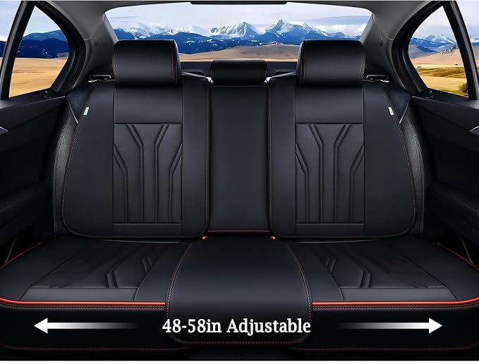 Leather Seat Covers Full Set Car Seat Protectors 5 Seats Automotive Seat Covers Universal Fit for Most Cars Trucks SUV-Black&Red Line - Image 5