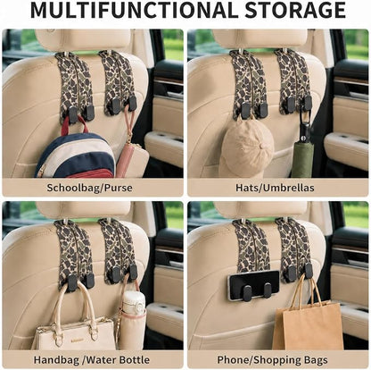 Cute Camo Car Seat Back Storage Headrest Hooks for Purses & Bags – 2PCS PU Leather Dual Metal Hooks, Backseat Organizer Accessories - Image 6