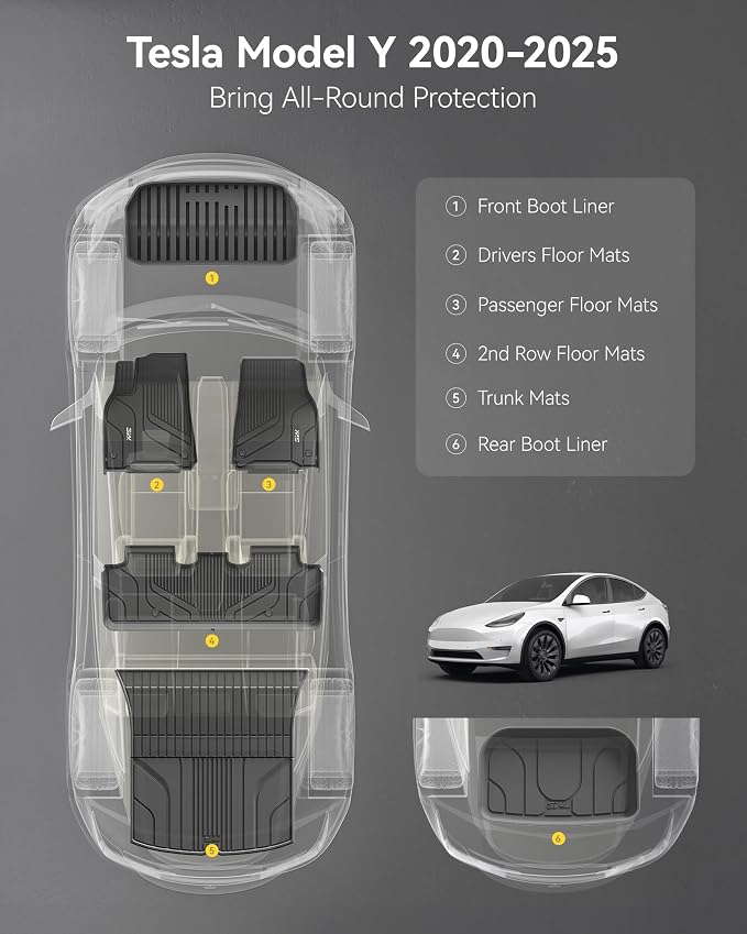 3W Tesla Model Y 2020-2024 6PCS Floor Mats,5-Seater (Not for Juniper) | TPE All Weather Floor Liner, Cargo Liner,Frunk Rear Liners, Custom Fit Model Y Accessories, Black, Over 10 Years Lifespan - Image 3