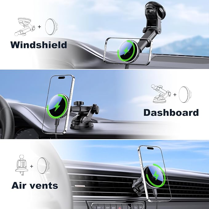 for Mag-Safe Car Mount Charger Dash Windshield Vent Magnetic Phone Holder | Wireless Car Charger with LED Light Car Phone Holder for iPhone 17 16 15 14 13 12 Series for MagSafe Carbon Firber - Image 3