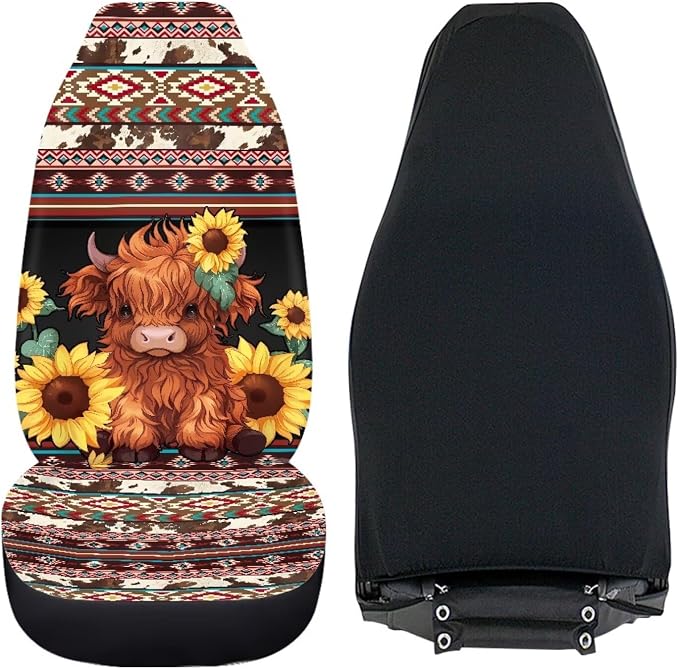 Highland Cow Aztec Car Seat Covers for Front Seats Cow Sunflower Car Accessories for Women Men Washable and Breathable Car Seat Cover Set of 2 for Trucks SUV Sedans - Image 4