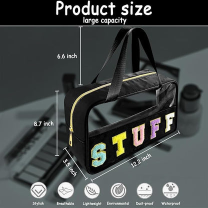 Chenille Letter Clear Makeup Bag Stuff Patch, Travel Toiletry Makeup Bag with Handle, Nylon Waterproof Makeup Bags clear cosmetic bag, preppy patch makeup bag for Women (STUFF-Black) - Image 2