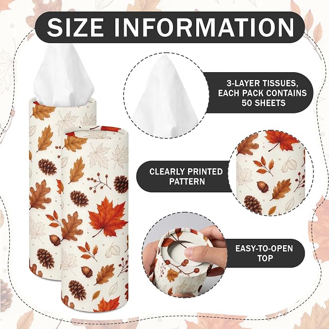 Arttown Car Tissue Holder for Cup Holder Facial Tissues 12 Pack Fall | Foliage Bulk 3-Ply,Refillable Marble Print Cylinder Tissue Boxes,Fit Car Home Office School (600 Sheets Total,50 Sheets Each) - Image 3
