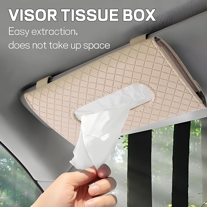 Car Tissue Holder, PU Leather Sun Visor Tissue Box (Plaid-Beige) | Wear-Resistant & Waterproof, Napkin & Mask Dispenser, Metal Memory Clips, Easy Refill, Fits Most Vehicles - Image 6