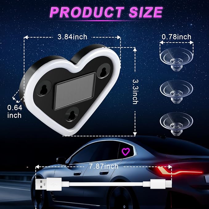 iFunyLED Heart-Shaped Solar Powered Car LED Interior Ambient Light, Wireless Lamp with 5 Lighting Modes, Dual Charging & Dual Sensor Design, Cute Car Accessories Gift for Women, Pack of 1 (Pink) - Image 2