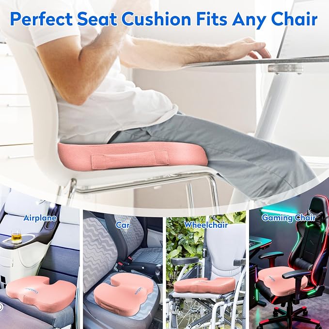 CushZone XL Memory Foam Seat Cushion for Office, Car & Wheelchair, Pink | U-shaped Coccyx Cutout, Contoured Design, Breathable Removable Mesh Cover, Non-Slip Base, Carry Handle - Image 5