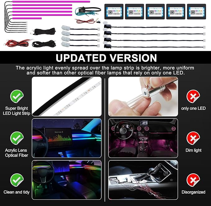 Acrylic Interior Car LED Strip Light with Wireless APP, RGB 14 in 1 with 175 inches 600 LEDs Fiber Optic Car Ambient Lighting Kits, 16 Million Colors Sound Active Function LED Strip for Car - Image 5