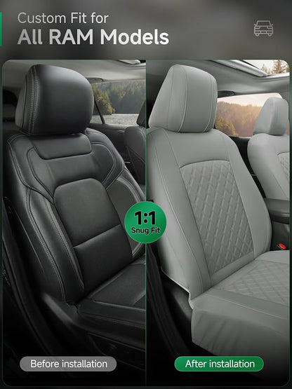 GIANT PANDA Front Truck Seat Covers for Dodge Ram 1500 2500 3500 2003-2026 Limited Laramie Big Horn Crew Cab& Quad Cab,Faux Leather,Solid Gray - Image 2