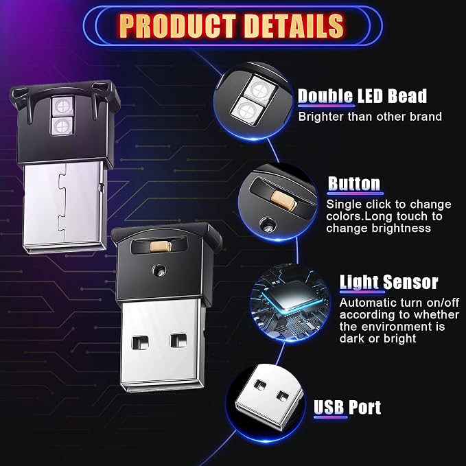 Frienda 2 Pieces Mini USB LED Car Light 8 Colors Atmosphere Lamp,Type A | Car LED Interior Lighting, 5v USB Atmosphere Light, Laptop Keyboard Office Decoration Night Lamp, Adjustable Brightness - Image 3