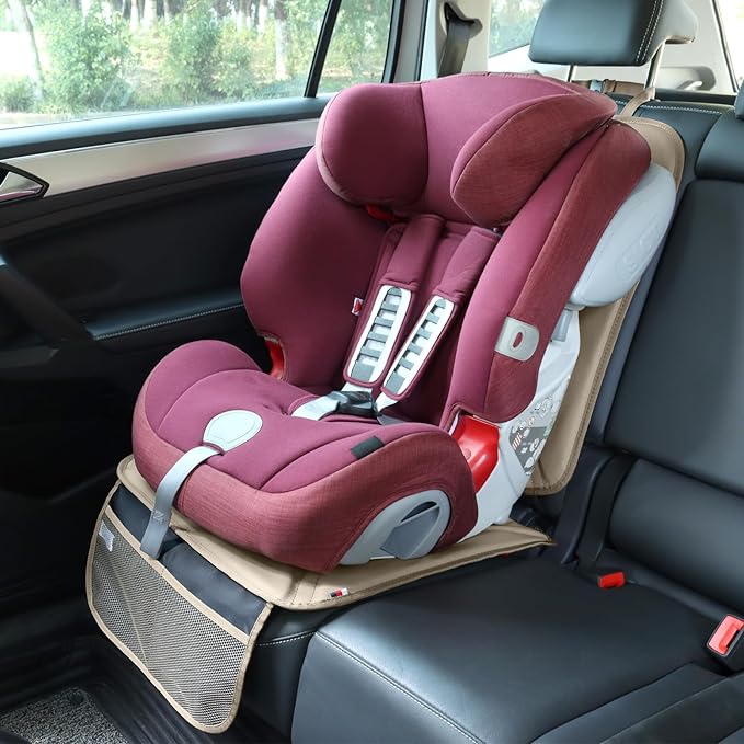 Viaviat Car Seat Protector Leather Waterproof Child Safety Seat Protector Cover with Thick Pad and 2 Large Pockets Durable Kick Mat for All Auto Seat (Beige) - Image 2