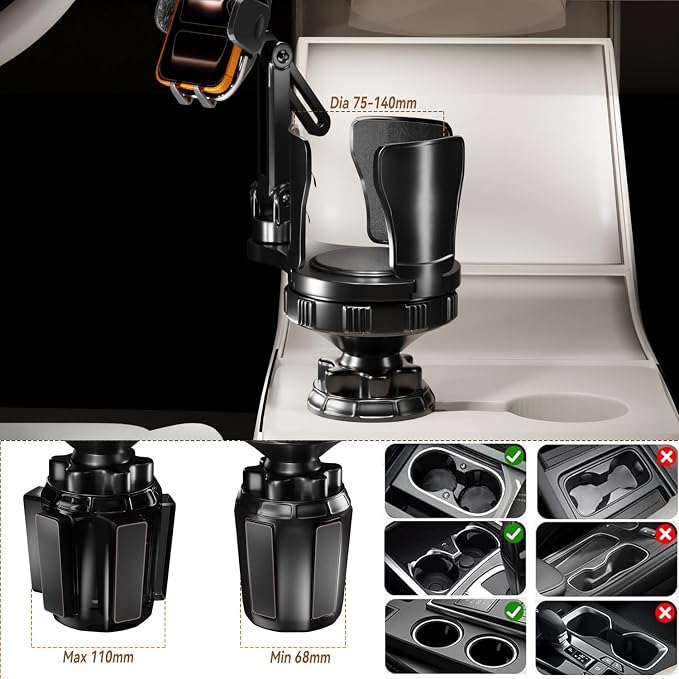 EXELIQ 2-in-1 Cup Holder Expander with Phone Mount, Adjustable Cup Holder | Fits Large Bottles, Tumblers & Fast Food Drinks, 360° Rotating Phone Mount for 4.7–7" Smartphones, Universal Car Use - Image 6