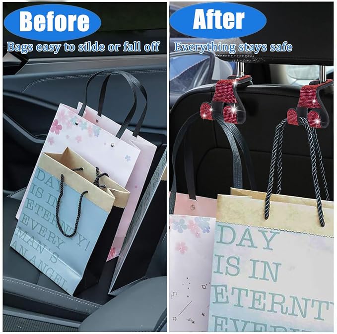 Bling Car Purse Hooks 2Pcs, Rhinestones Car Headrest Hook Backseat | Double Hooks,Holds 44Lbs,Wide Opening,Durable Nylon,Car Seat Hook,Purse Holder,Bling Car Accessories for Women,Red - Image 4