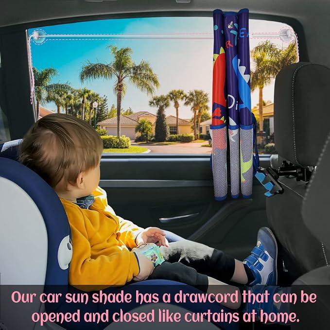 DIZA100 Car Window Shade for Baby, 2 Pack Car Sun Shades with Storage Net Pocket Auto Window Curtain 7 Suction Cups Blue Dinosaurs for Sun/Heat/UV Rays Protection Kids - Image 3
