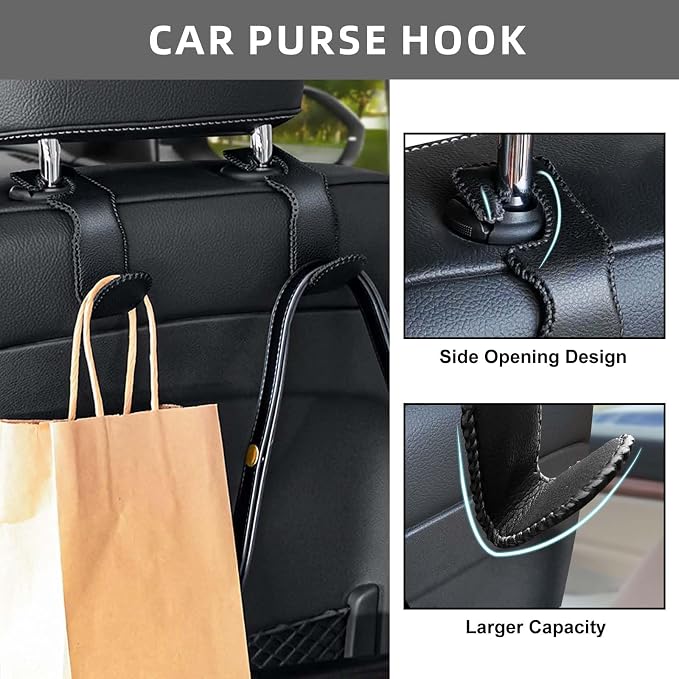 Headrest Hooks for Car, 2 Pack Back Seat Purse Hook Leather Hanger Holder Hook for Hanging Purses and Bags and Coats Black - Image 3