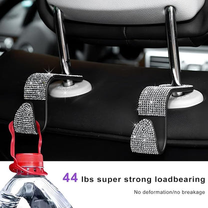 4 PCS Car Seat Headrest Hooks, Bling Crystal Rhinestone Back Seat Hanger Storage Organizer, Sparkly Seatback Holder Hooks for Purse and Bags Universal For Most Vehicles (Silver) - Image 5