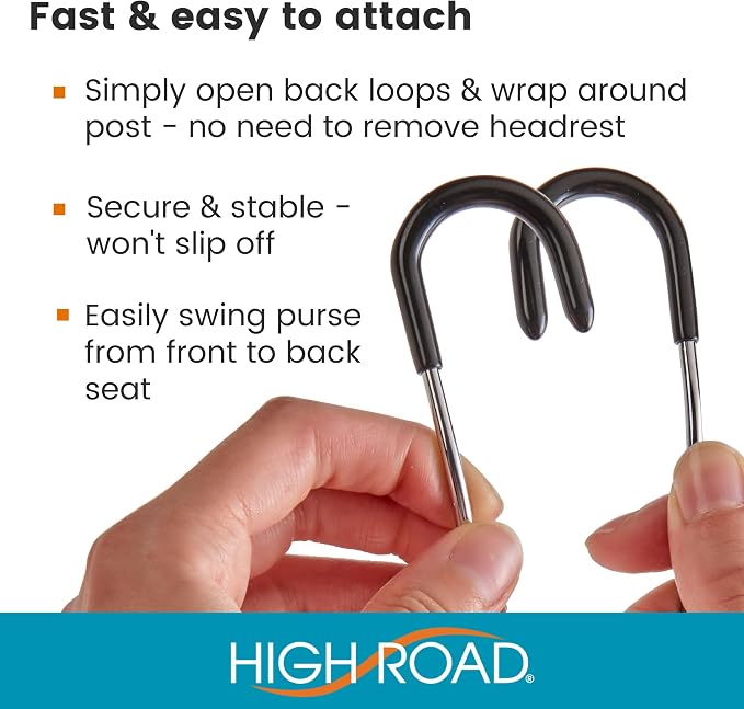 High Road Car Hooks for Purses and Bags with Leather Trim - Unbreakable Headrest Car Hooks for Large Purse Straps and Heavy Bags up to 40 lbs - Secure Attachment Loops Fit All Headrest Posts, 2-Pack - Image 4