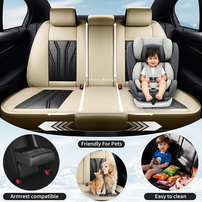 Fit Land Cruiser Premium Leather Car Seat Covers for Toyota Land Cruiser 2000-2025 2026 - Waterproof，Breathable，All-Weather Seat Cushion Protecto & Airbag Compatible, 2 Front Seat Beige&Black - Image 3