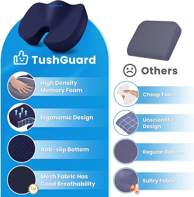 Seat Cushion for Office Chair, Memory Foam Chair Cushion, Blue | Office Chair Cushion for Car, Airplane - Chair Pad for Long Sitting Sciatica, Hip, Coccyx,Tailbone Pain Relief, Butt Pillow - Image 6