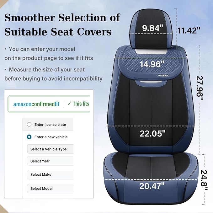 Coverado Front Seat Covers, Breathable Nappa Leather Car Seat Cover, Universal Seat Covers for Cars, Waterproof Car Seat Protector, Driver Seat Cover Fit for Most Cars(Blue&Black) - Image 7