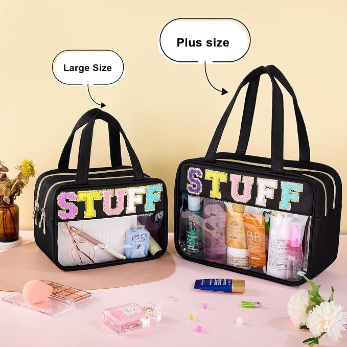 Clear Stuff Bag, Zipper Makeup Bag Chenille Letter Cosmetic Pouch | Extra Large, Waterproof Easy Clean, Separate Wet Pocket, Holds Toiletries, Skincare, Sunscreen, Ideal for Beach, Travel - Image 2