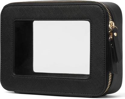 Clear Makeup Bag with Zipper, Women Travel Toilrty Bag Black Medium | Structured Clear Cosmetic Case, Car Essential Organizer Bag, Waterproof PU Leather, Dual Zipper, Wide Opening and Compact by POPVIBE