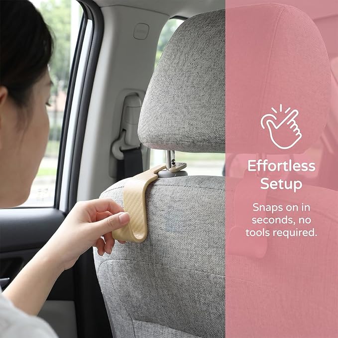 4 Pack Headrest Hooks for Vehicle Seats, Carbon Fiber/Beige | rear-row hanging storage, supports bags coats and groceries, fits matching headrest posts, interior accessory - Image 4