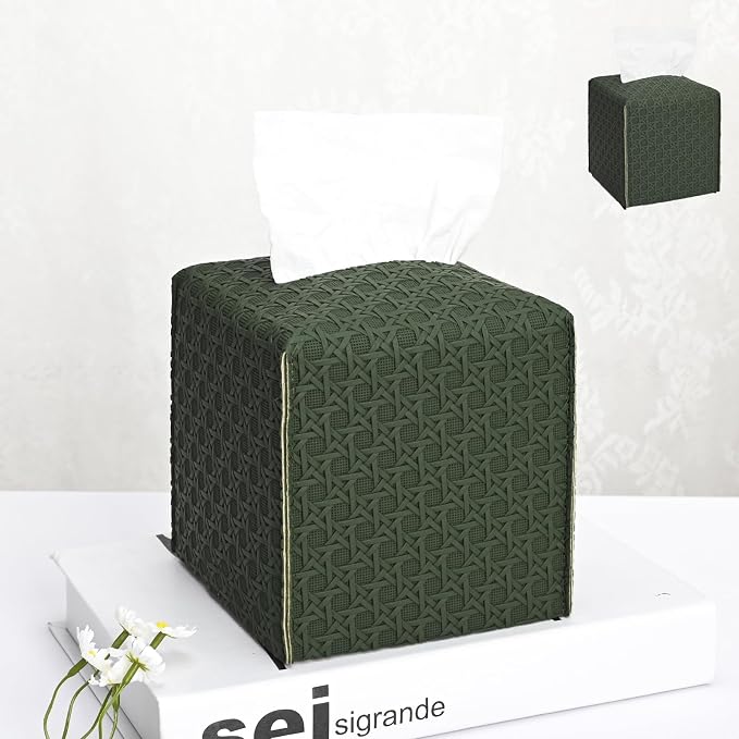 HOMOTEK 2 Pack Tissue Box Cover, Square PU Leather Tissue Holder, Decorative Facial Tissue Cube Paper Organizer Dispenser for Bathroom, Night Stands, Desk, Car 5X5X5'' - Rattan Weave,Emerald Green by HOMOTEK