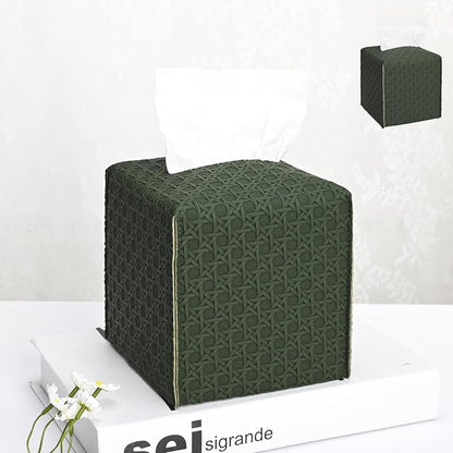 HOMOTEK 2 Pack Tissue Box Cover, Square PU Leather Tissue Holder, Decorative Facial Tissue Cube Paper Organizer Dispenser for Bathroom, Night Stands, Desk, Car 5X5X5'' - Rattan Weave,Emerald Green by HOMOTEK