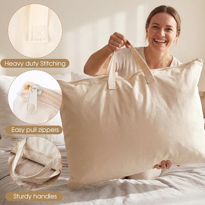 2 Pack Travel Pillow and Blanket Bags, 100% Cotton Canvas Pillow Storage Bag with Handles for Airplane Home, Heavy Duty Breathable Organizer for Bedding Linens, Pillow Bag for Traveling(2,20"x30") - Image 7