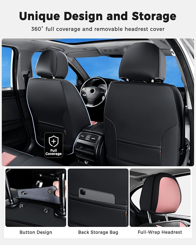 Huidasource Seat Covers Full Set Luxury Nappa Leather, Seat Covers with Velcro Adjustable, Airbag, Lumbar Support, Cooling＆Heating, Car Seat Cover Set Universal Fit for Most Cars SUV Trucks Black＆Pink - Image 6
