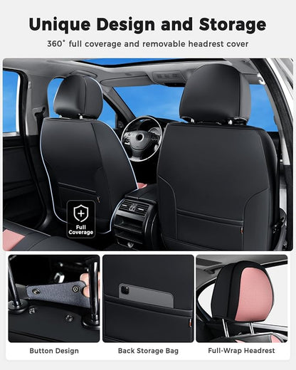 Huidasource Car Seat Covers Front Seats Luxury Nappa Leather, Front Seat Covers with Airbag, Front Storage Pocket, Lumbar Support, Cooling＆Heating, Universal Fit for Most Cars SUV Trucks, Black&Pink - Image 4