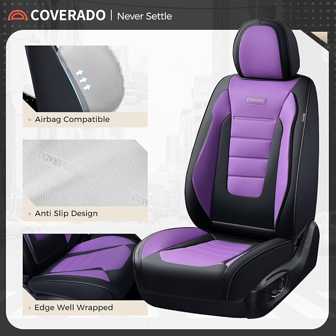 Coverado Car Seat Covers Full Set, Nappa Leather Seat Covers for Cars, Car Seat Protector Car Seat Cushion, Front and Back Seat Protectors Cushions Universal Fit for Most Cars Vehicles(Black&Purple) - Image 6