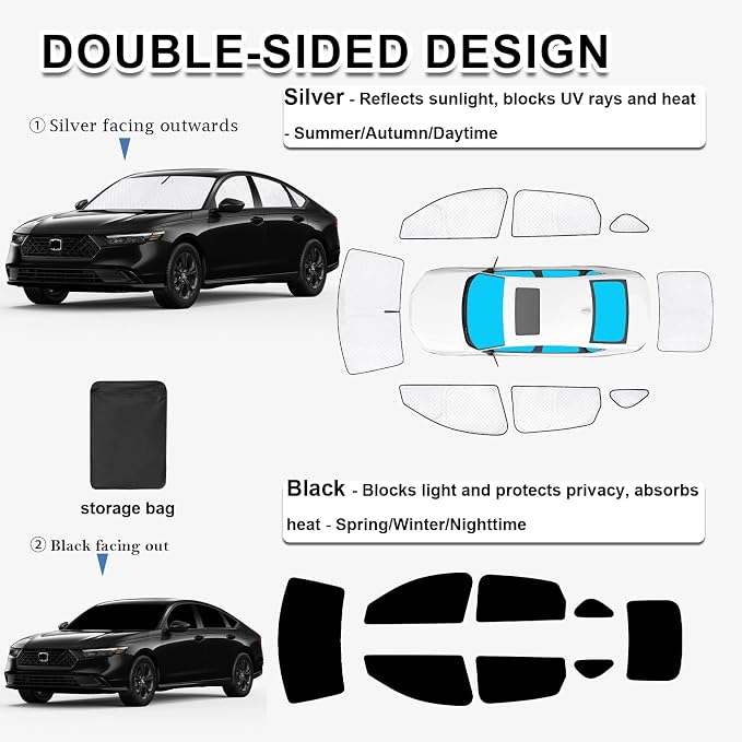 KMF Thicken Sun Shades for Honda Accord 2023-2025 2026 Accessories Full Car Window Covers Sunshade for Windshield Side Rear UV Block and Protect Privacy Blackout for Car Camping Outdoor 8pcs - Image 5
