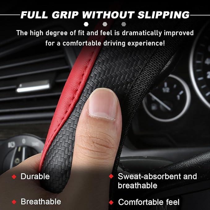 DXNQ Car Steering Wheel Cover, 15 Inch Carbon Fiber Leather Stitching Color Steering Wheel Protector, Anti-Slip Elastic Breathable Steering Wheel Cover Stylish Decor for Most Cars (Orange) - Image 3