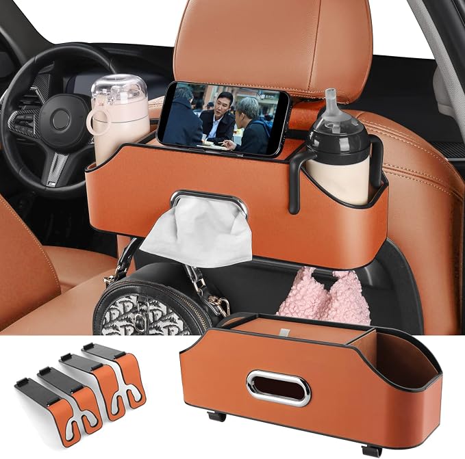 HOLDCY Car Back Seat Organizer with 2 Cup Holders, Tissue Storage, Orange | Rigid ABS Frame With Pu Leather, Dual Hooks And Tool-Free Mounting For Cars, Suvs And Trucks With Separate Headrest Posts by HOLDCY