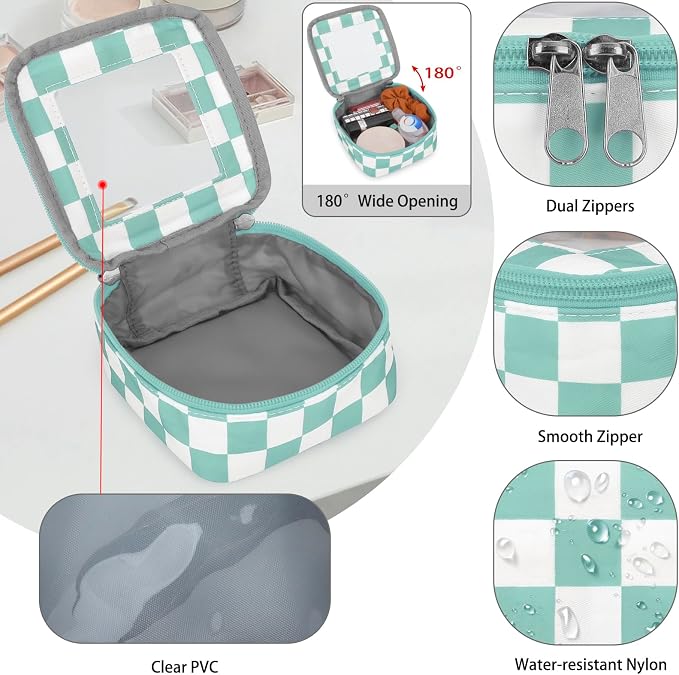 DOB SECHS Mini Checkered Bag for Purse 5.1'' x 5.1'' Small Makeup Bag for Car Cute Clear Cosmetic Bag with Zipper, Tiny Toiletry Bag Lipstick Organizer Pouch Travel Essential Storage Pouch, Mint Green - Image 5