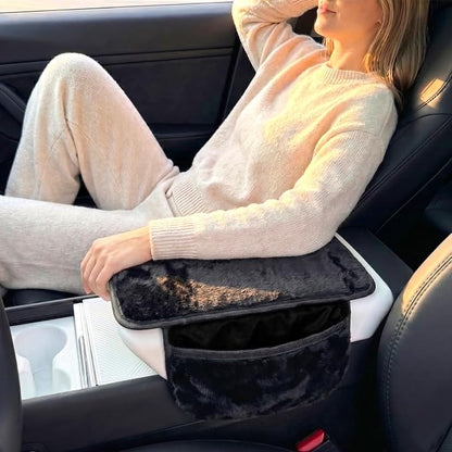 Plush Fuzzy Fur Car Armrest Cover with Side Pockets,Black | Fluffy Armrest Cushion Pad,Soft Center Console Cover,Car Interior Storage Accessories ,for Most Car Decoration Protector - Image 4