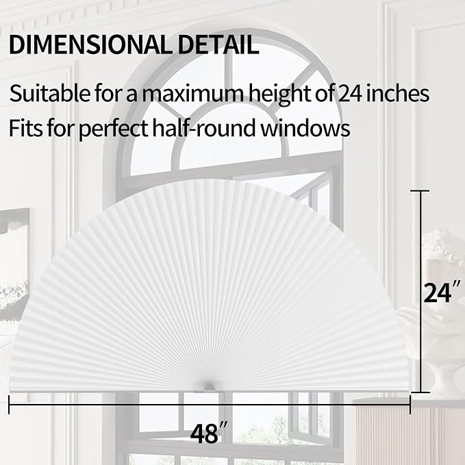 Myshade Arch Window Shades Half Circle Light Filtering Cellular Shades Cordless No Drill Blinds for Windows Half Moon Honeycomb Fabric No Tools Shades Easy Install (1PCS White 24" W X 48" H) - Image 3