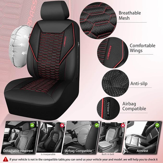 CAR PASS 3D Foam Mesh Leather Car Seat Covers Front Seats, Air Cool Mesh Front Seat Covers for Car, Universal Fit for SUV Truck Sedan Automotive, Armrest Airbag Compatible,Black and Red - Image 3