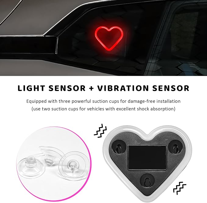 Sun Walker Heart-Shaped Car LED Ambient Light, Solar-Powered Love Heart Lamp Vehicle C-Pillar Atmosphere Light, Vibration-Sensing Triangle Window Lights Car Interior Decoration (Red) - Image 4