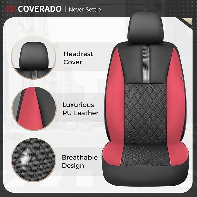 Coverado Car Seat Covers Front Pair, Automotive Leather Seat Covers for Car，Universal Fit Front Back Seat Cover, Non-Slip Waterproof Breathable Car Seat Protector - Image 3