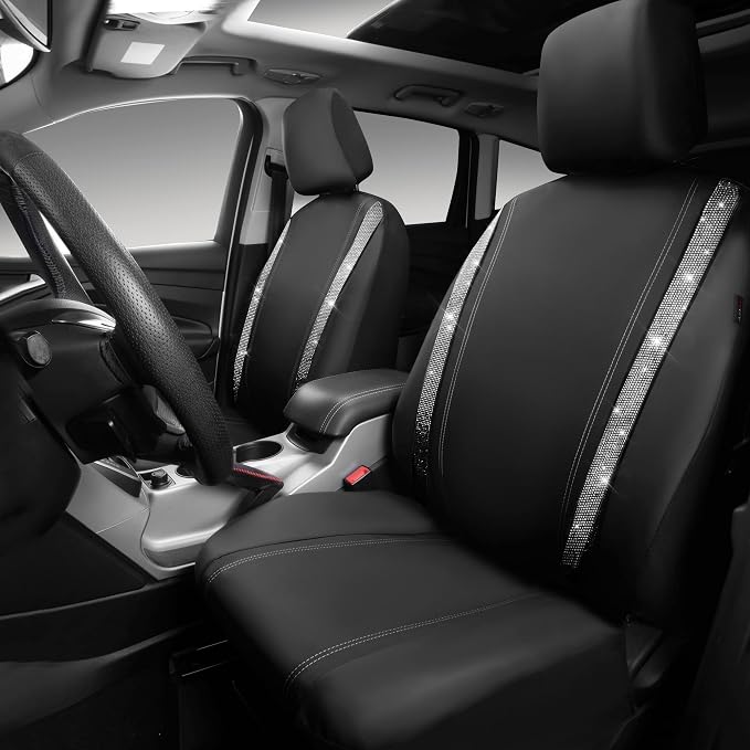 CAR PASS Leather Bling Diamond Car Seat Cover 2 Front Interior Sets, Waterproof Universal Shining Glitter Crystal Sparkle Fit for 95% Automotive Truck SUV Cute Women Girl, Black Silver Rhinestone - Image 2
