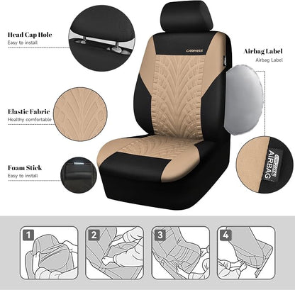 CAR PASS Car Seat Covers Two Front Only for Car, 3D Tyre Print Automotive Interior Covers, Airbag Compatible, Quick Setup Universal Fit Seat Covers for Car, Truck, SUV(Black and Beige) - Image 3