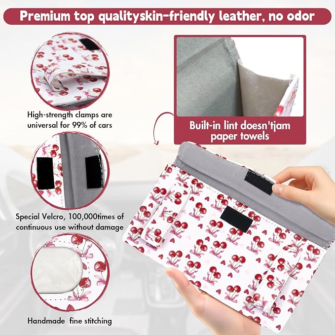 1Pcs Car Tissue Holder and 2 Pcs Sunglass Holder for Car,Magnetic Leather Sunglasses Holder Car Sun Visor Glasses Hanger Clip,Car Interior Accessories for Women(White Cherry) - Image 4