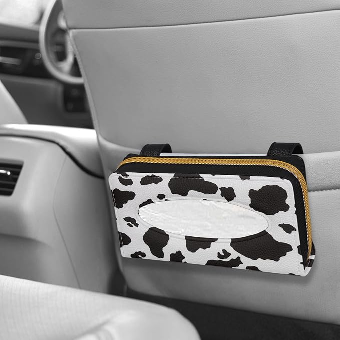 Biyejit 2 Pack Car Tissue Holder, Black and White Cow Print Sun Visor Napkin Holder, Car Visor Tissue Holder, PU Leather Backseat Tissue case Holder for car, Vehicle - Image 6