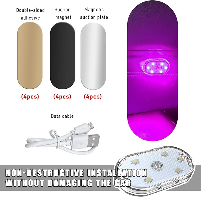 KVAEY 4 PCS Car LED Lights Interior Wireless, 7 Colors Magnetic Auto Ambient Light with 6 Bright LED Lamp Beads, Portable USB Rechargeable Vehicle Interior Led Night Light (Pink, Magnetic, 4pcs) - Image 3