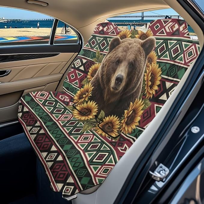 Bear Sunflower American Aztec Tribal Print Car Seat Cover Universal Rear Seat Cover Sport Seat Cover for Back Seat Split Bench Car Seat Protector Auto Interior Accessories for SUV Sedan by LACIYISON