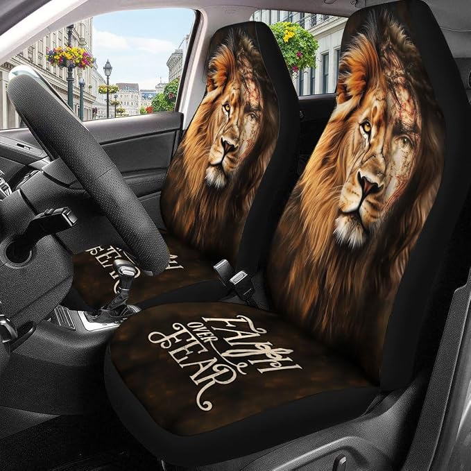 GENANY Crowned Lion Car Seat Covers, 2-Piece Front Seat Set | 2-piece polyester front seat cover set, each 35 x 21 x 21 inches, with adjustable straps and hooks - Image 4