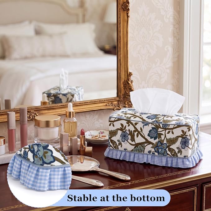 Block Print Fabric Tissue Box Cover, Chinoiserie, Navy Blue | Rectangular Ruffle Sleeve, Decorative Holder for Bathroom Vanity Car, Napkin Dispenser Grand Millennial Boho Decor Home - Image 5
