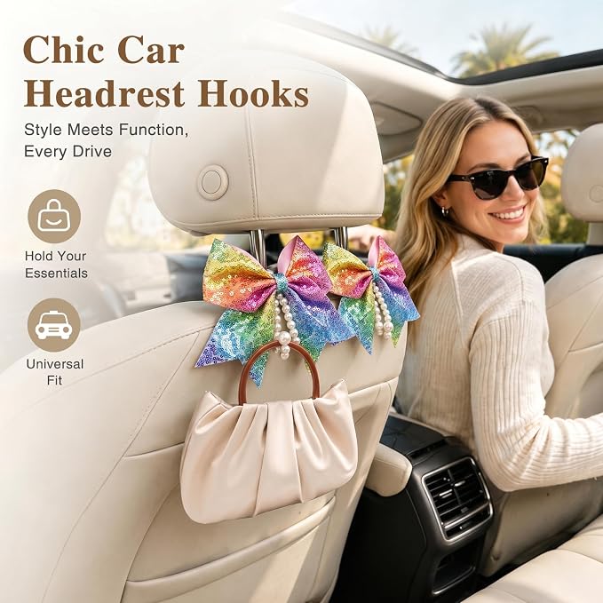2 Pack Pearl Car Seat Headrest Hook with Bow & Sequin/Leopard/Polka Dot Design – Cute Purse Hanger for Vehicle,Grocery Bags, Umbrellas, Seat Back Organizer for Women (Rainbow Sequins) - Image 4